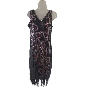 1920s Flapper Dress Black Beaded Sequin Fringe Hem Gatsby Cocktail Party